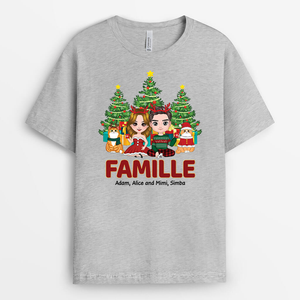 1406AFR2 t shirt famille de couple et de chats version noel personnalise