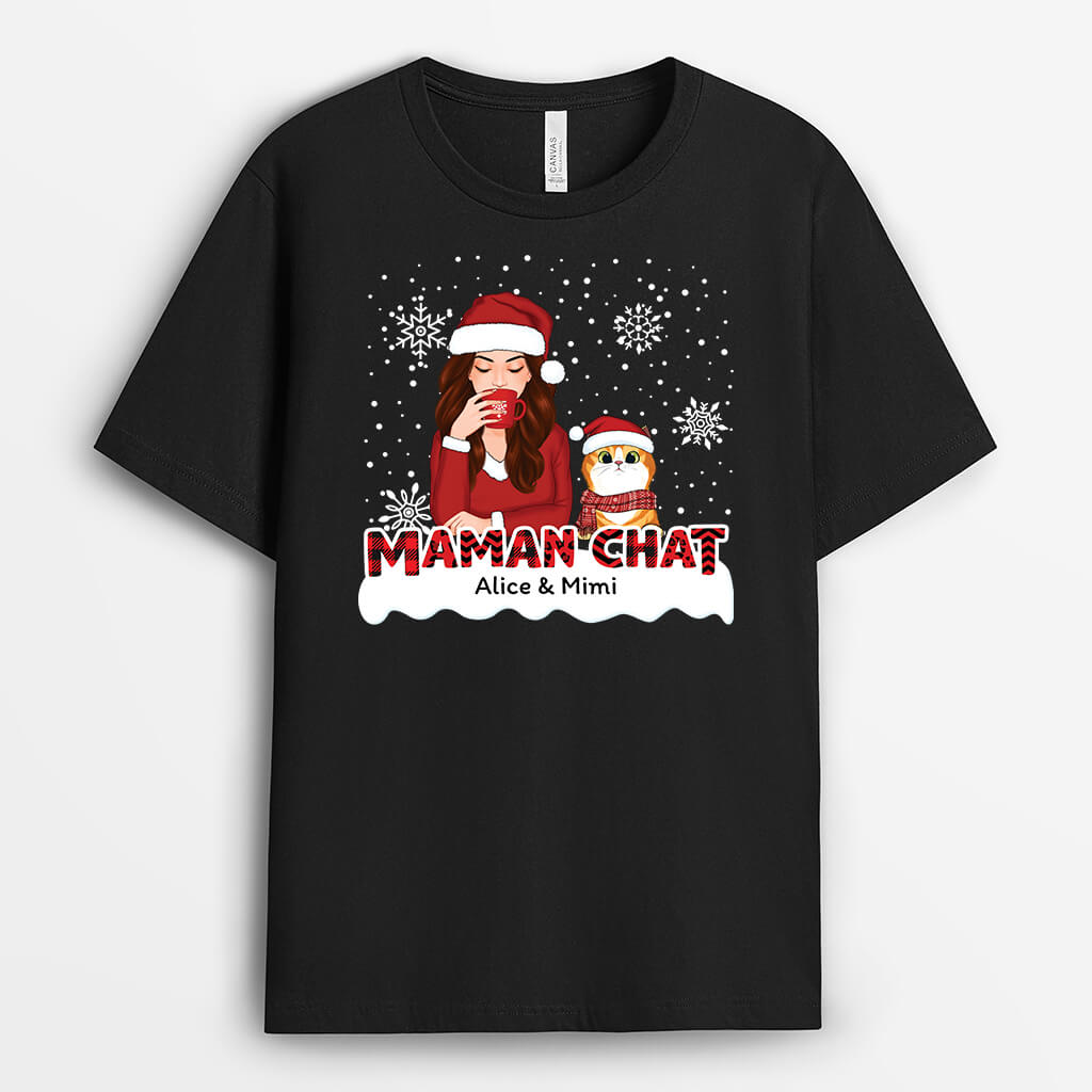 1408AFR2 t shirt maman chat motif rouge noel personnalise