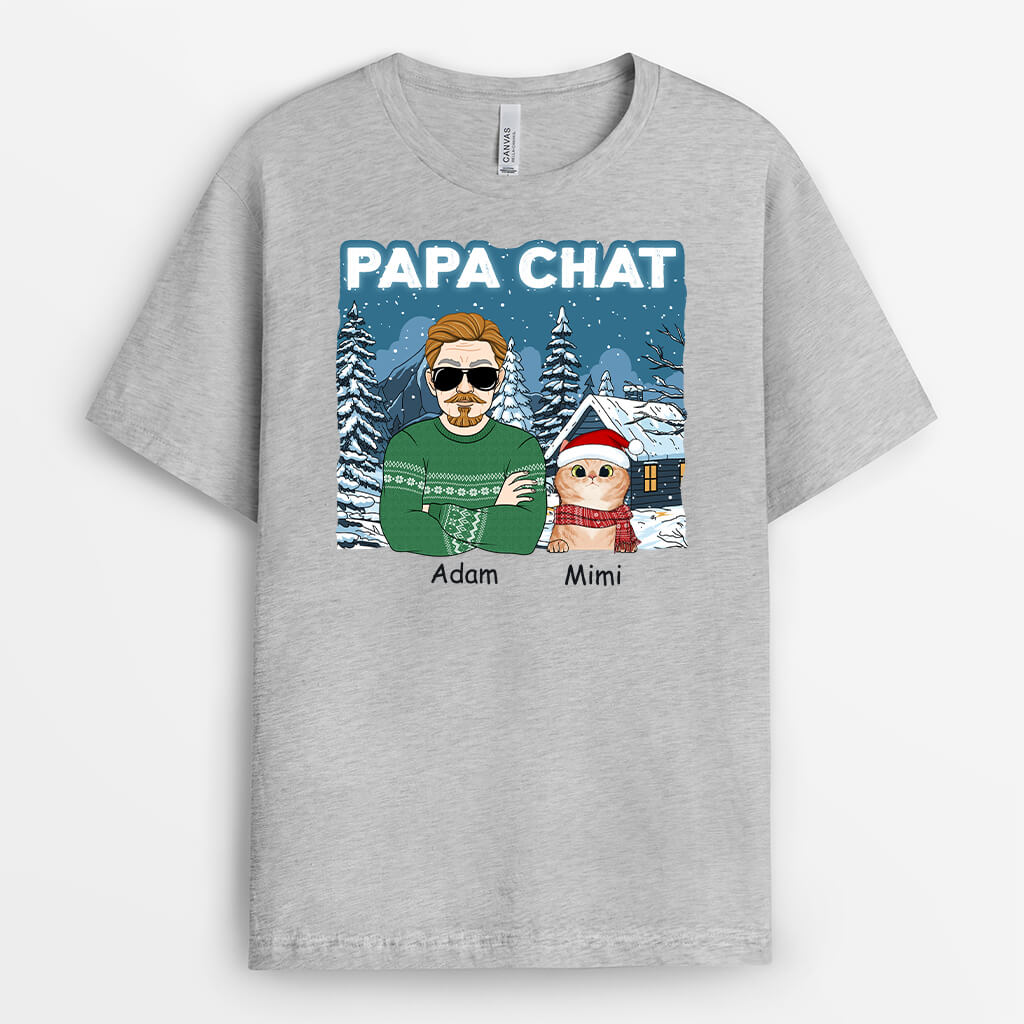 1437AFR2 t shirt papa de chat version noel personnalise