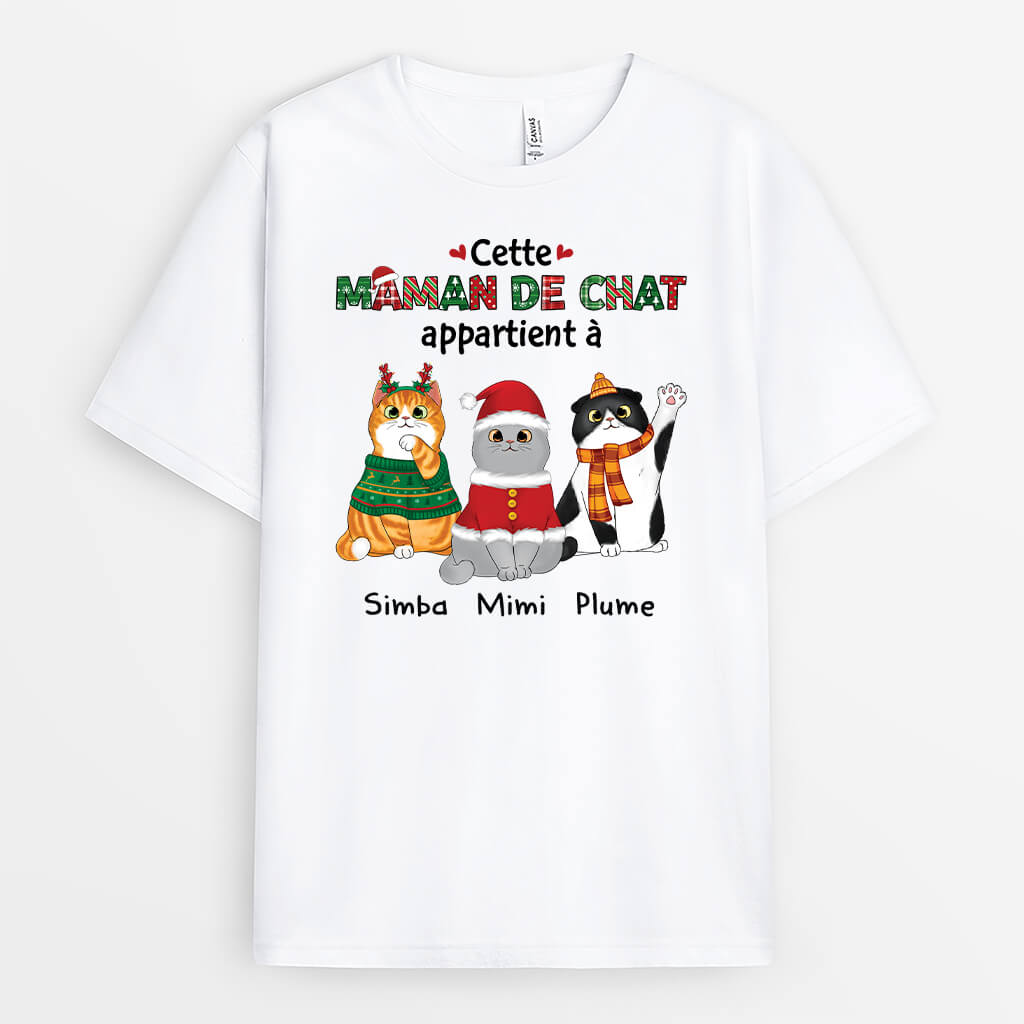 1451AFR1 t shirt cette maman de chat ce papa de chat appartient a version noel personnalise