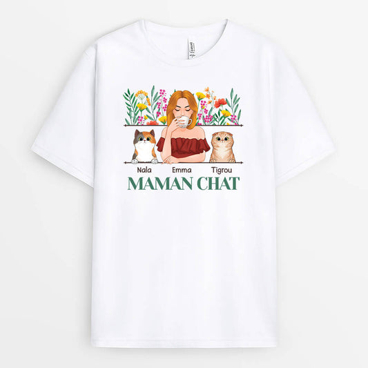 1534AFR2 t shirt maman de chat version fleur personnalise