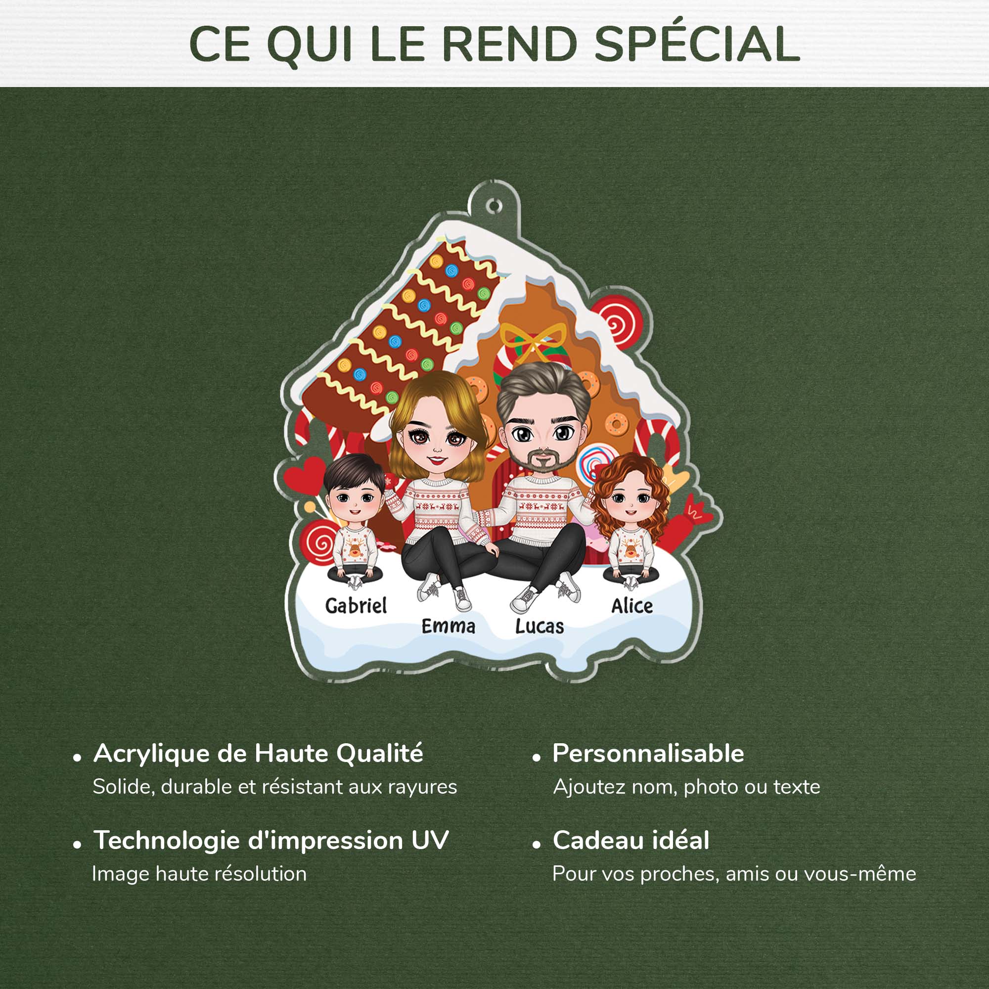 1558OFR4 ornement famille mignonne assise autour de la maison en pain depice de noel personnalise