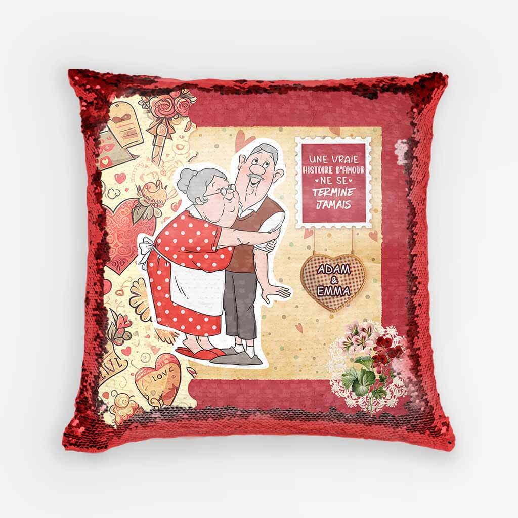 1782PFR1 coussin sequin une vraie histoire damour ne se termine jamais personnalise