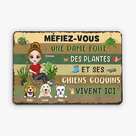 1856EFR2 plaque en metal une dame folle des plantes et ses chiens coquins vivent ici personnalise