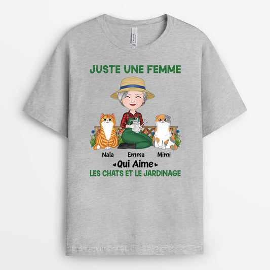 1859AFR2 t shirt juste une femme qui aime des chats et le jardinage personnalise