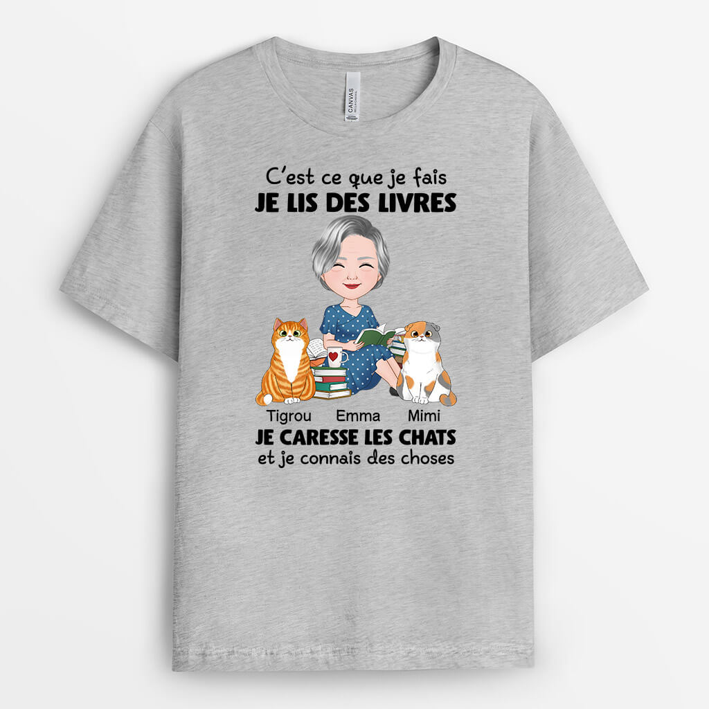 1860AFR1 t shirt je lis je caresse mes chats personnalise