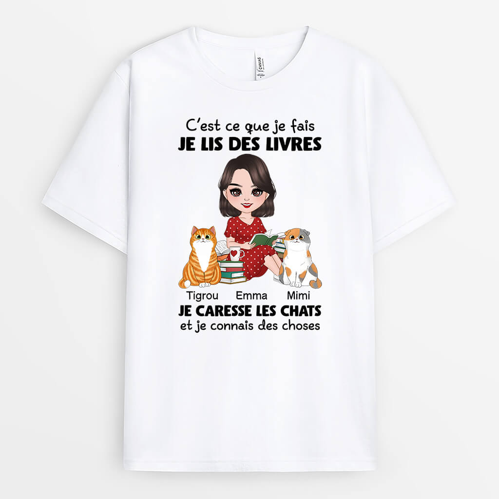 1860AFR2 t shirt je lis je caresse mes chats personnalise