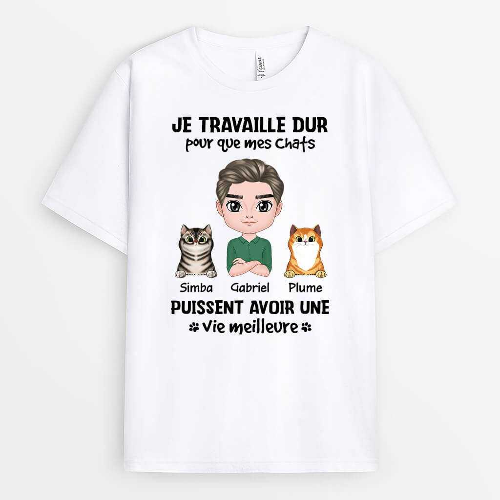 2054AFR1 t shirt je travaille dur pour mes chats personnalise