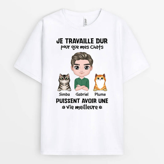 2054AFR1 t shirt je travaille dur pour mes chats personnalise