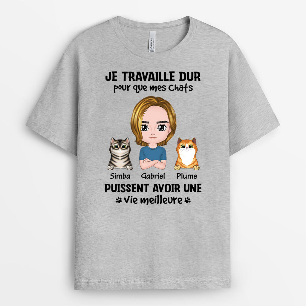 2054AFR2 t shirt je travaille dur pour mes chats personnalise