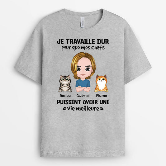 2054AFR2 t shirt je travaille dur pour mes chats personnalise