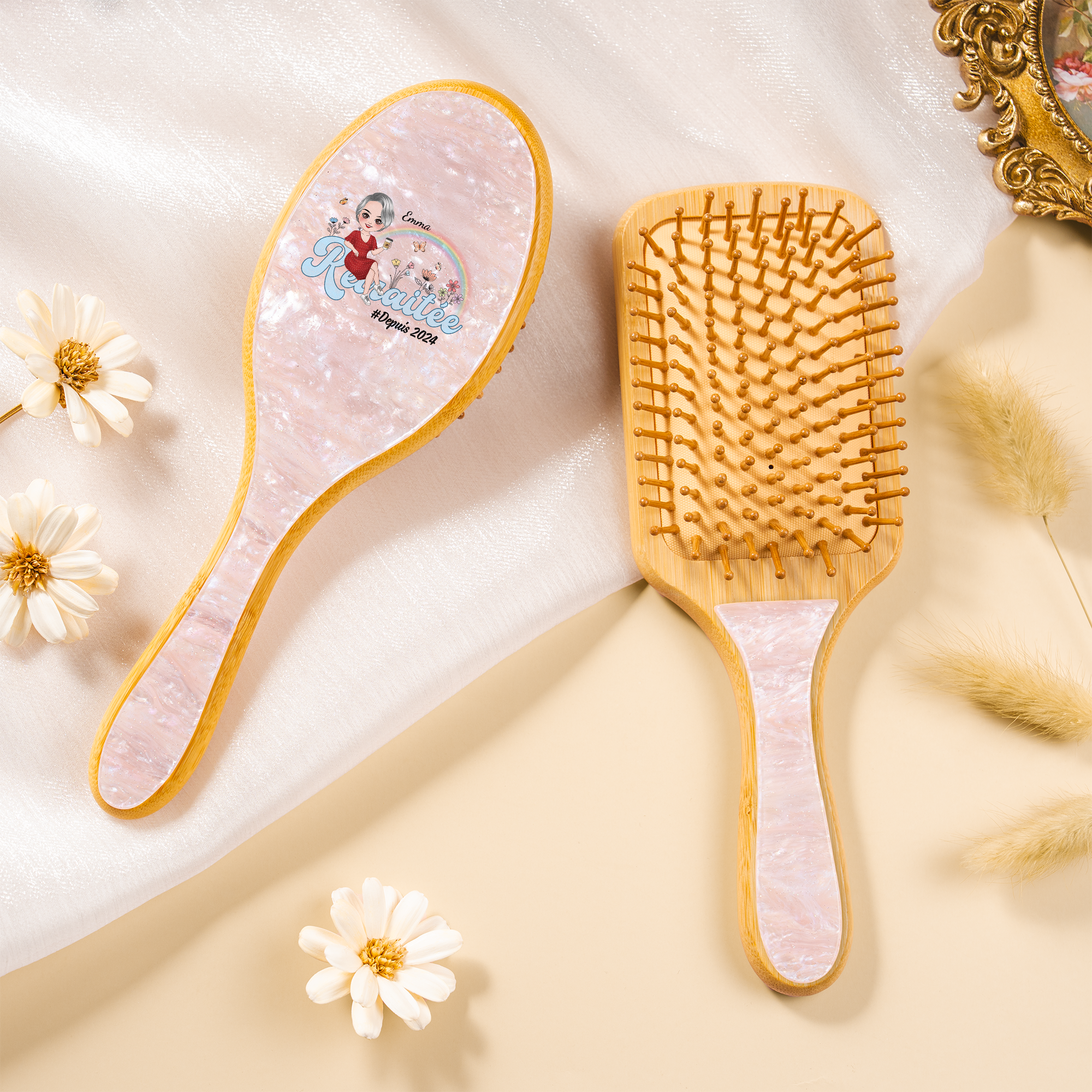 2068AFR2 brosse a cheveux personnalisee en acetate imprimee uv cadeau retraite mamie maman 2068aq6r5a