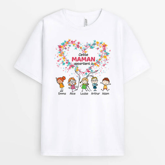 2184AFR1 t shirt cette mamie maman appartient a avec feuilles personnalise