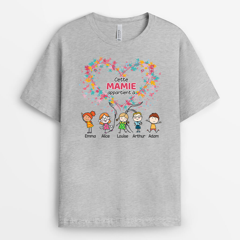 2184AFR2 t shirt cette mamie maman appartient a avec feuilles personnalise