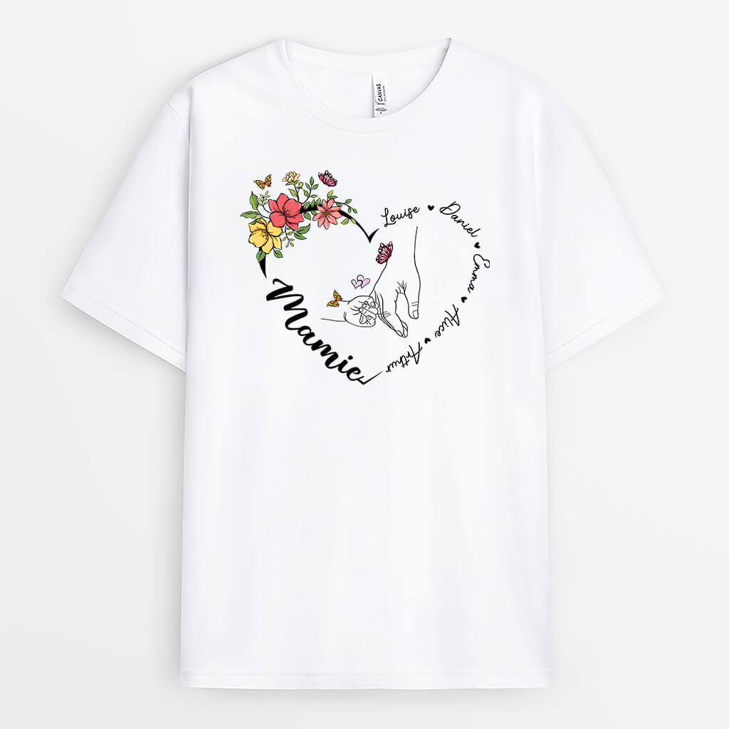 2195AFR1 t shirt maman mamie promises cadre coeur avec fleurs personnalise