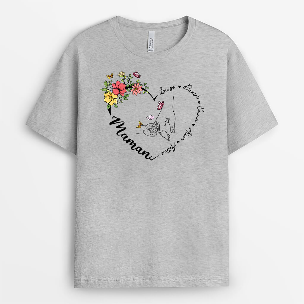2195AFR2 t shirt maman mamie promises cadre coeur avec fleurs personnalise
