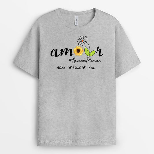 2222AFR2 t shirt la vie de maman amour avec fleurs dessinees personnalise