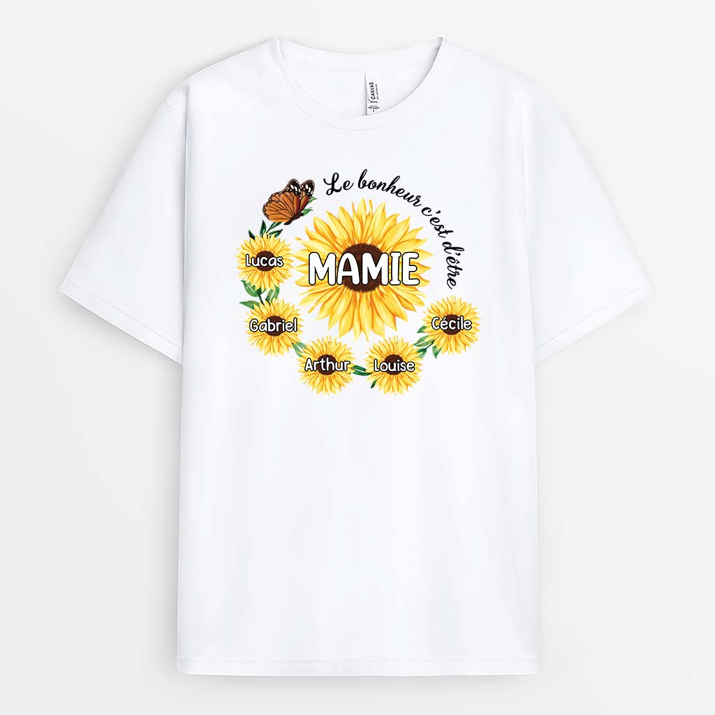 2251AFR1 t shirt le bonheur cest detre mamie version tournesol personnalise