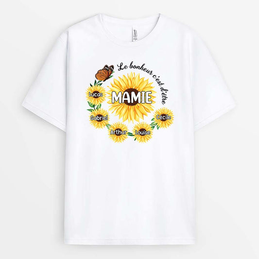 2251AFR1 t shirt le bonheur cest detre mamie version tournesol personnalise