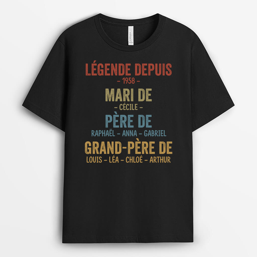 2327AFR1 t shirt legende mari papa papy depuis avec prenom personnalise