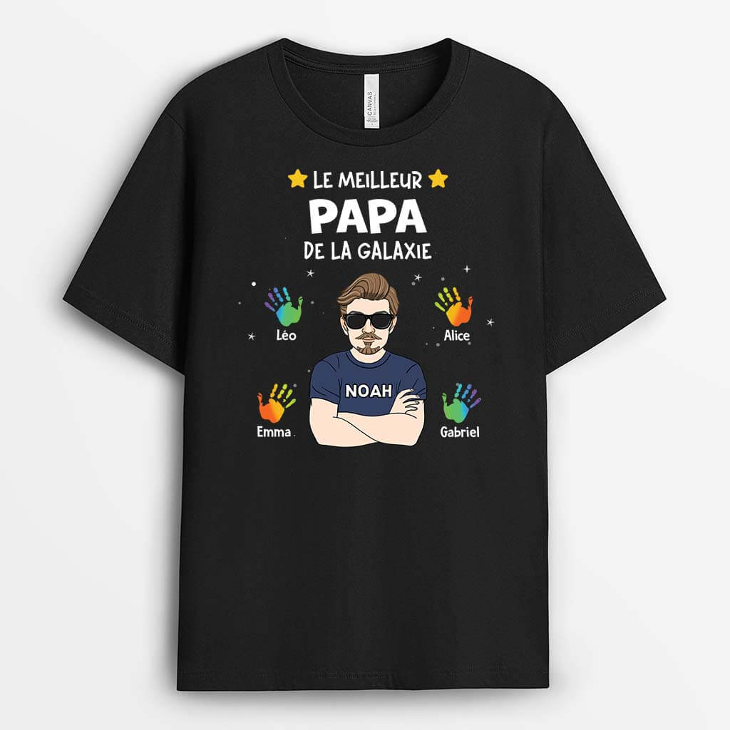 2346AFR2 t shirt meilleur papa papy de la galaxie avec empreintes colorees personnalise