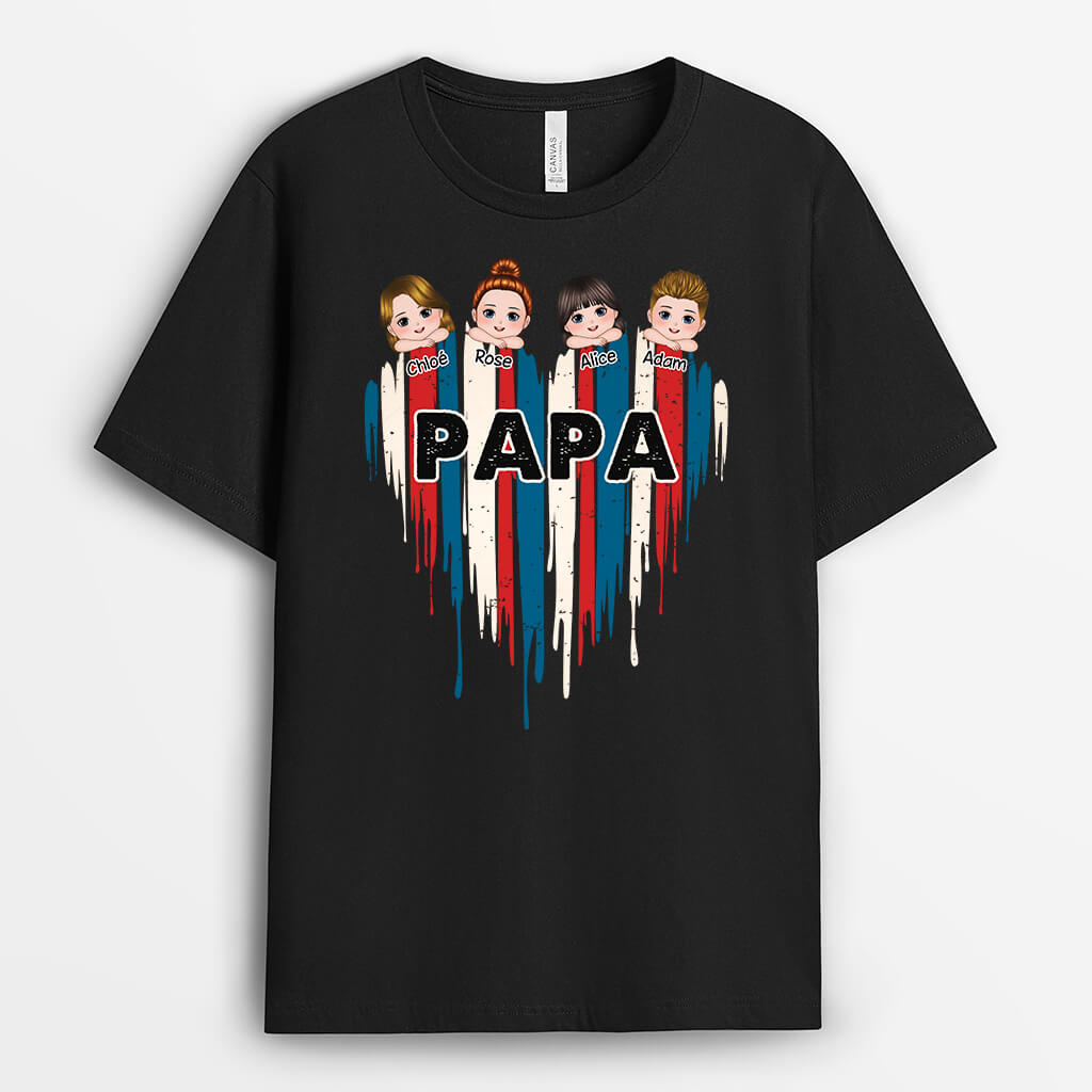 2365AFR1 t shirt papa coeur de la france avec ses enfants personnalise