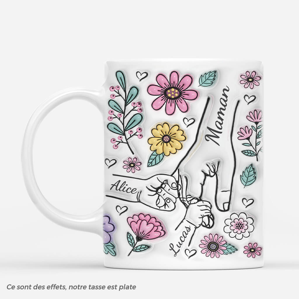 mug maman tenant les mains avec fleurs colorees 3d personnalise cadeau de naissance original et utile