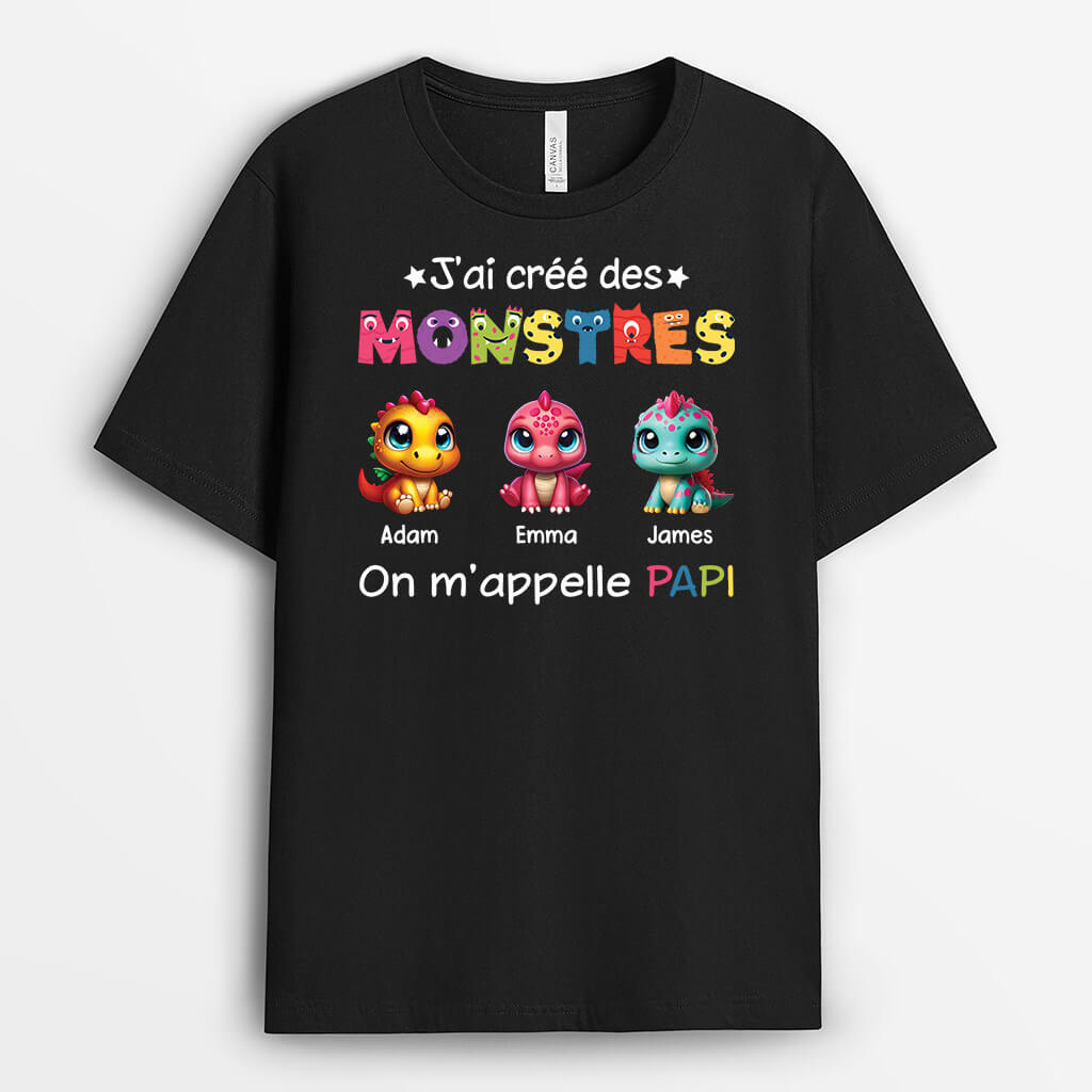 2414AFR1 t shirt jai cree des monstres dinosaures on mappelle papa papi personnalise