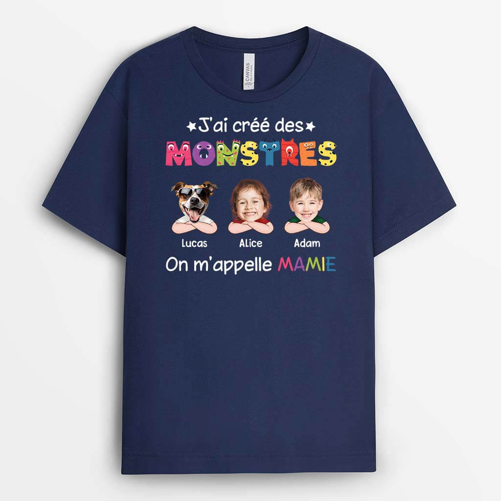 2415FR2 t shirt jai cree des monstres on mappelle papa papi avec visagespersonnalise