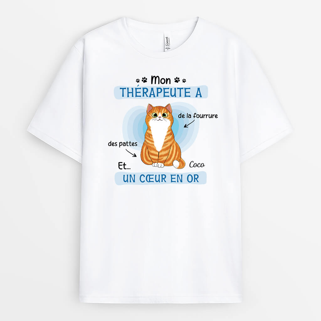 2593AFR1 t shirt mon therapeute chat avec fourrure des pattes et un coeur en or personnalise