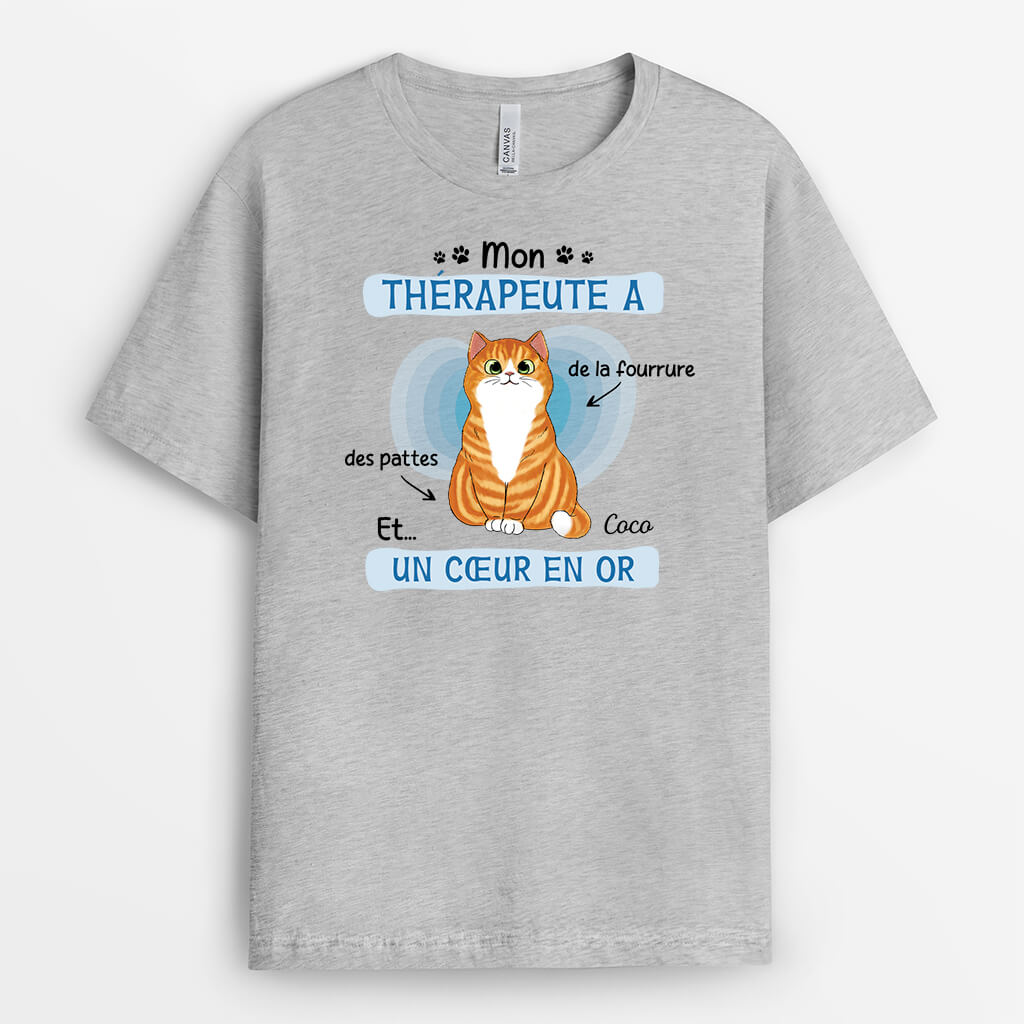 2593AFR2 t shirt mon therapeute chat avec fourrure des pattes et un coeur en or personnalise