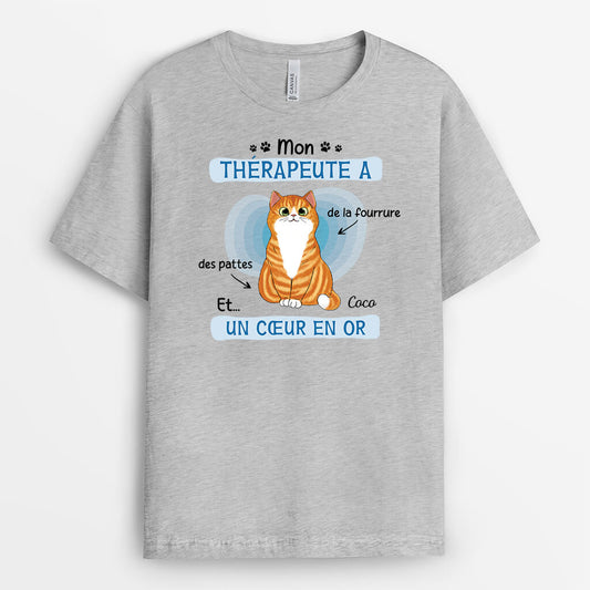 2593AFR2 t shirt mon therapeute chat avec fourrure des pattes et un coeur en or personnalise