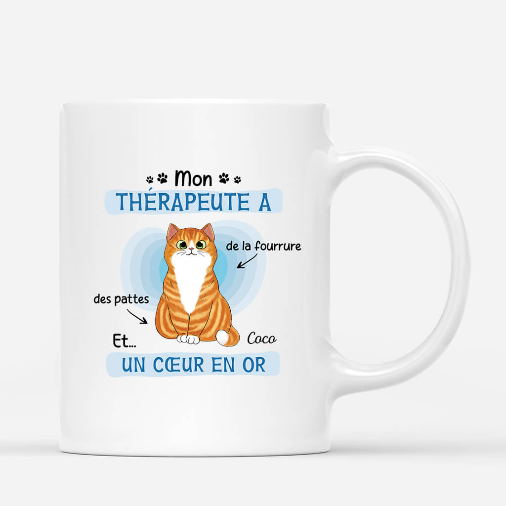 2593MFR1 mug mon therapeute chat avec fourrure des pattes et un coeur en or personnalise