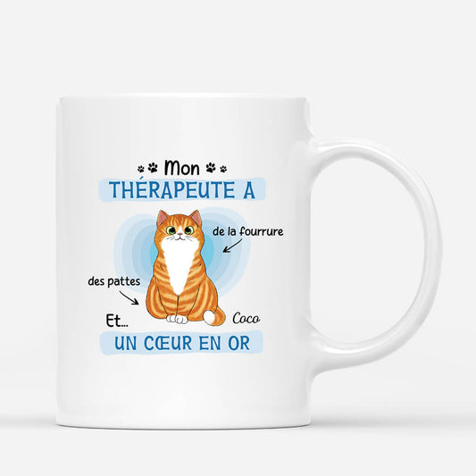 2593MFR1 mug mon therapeute chat avec fourrure des pattes et un coeur en or personnalise