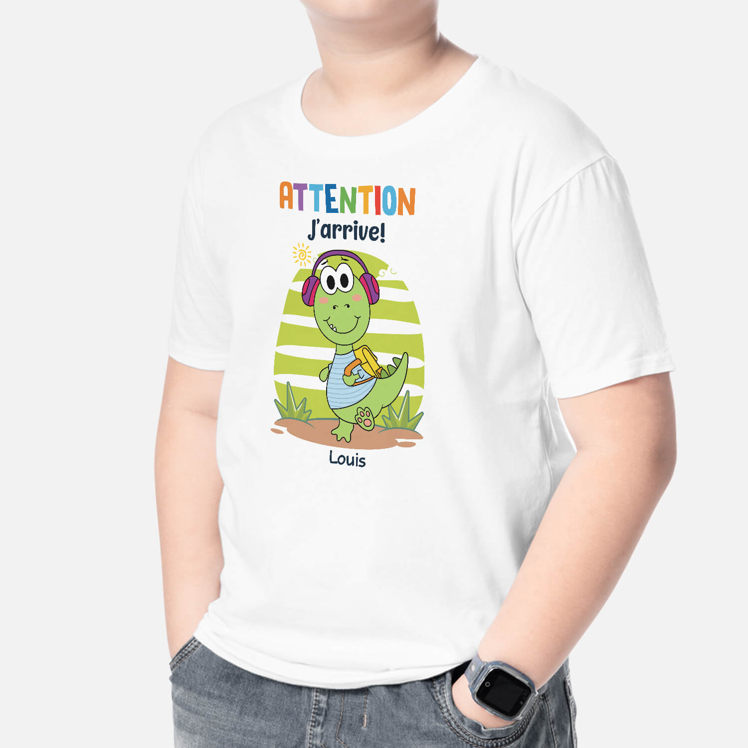 2617AFR2 t shirt attention jarrive enfant dinosaure personnalise