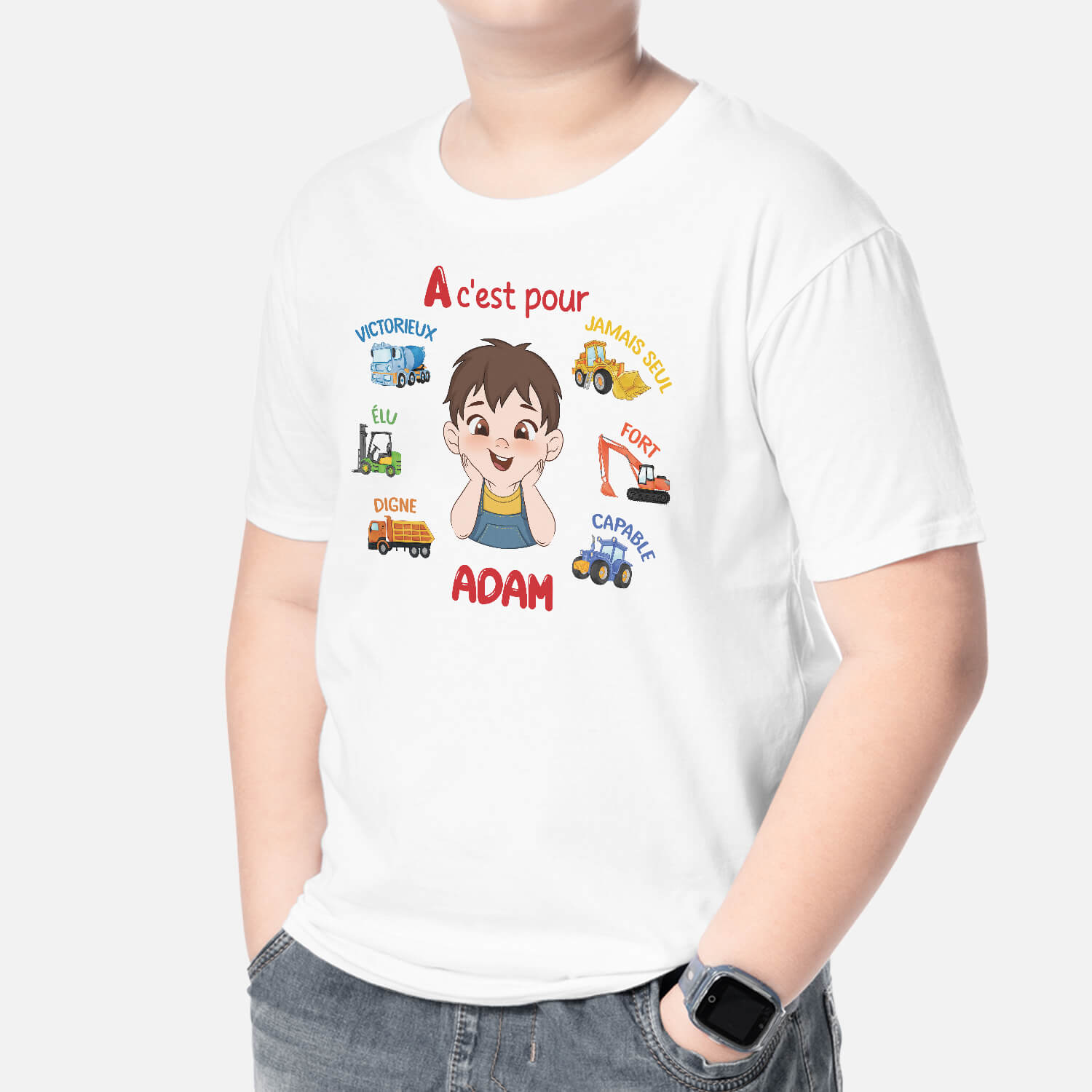 2620AFR2 t shirt enfant alphabet avec vehicules personnalise