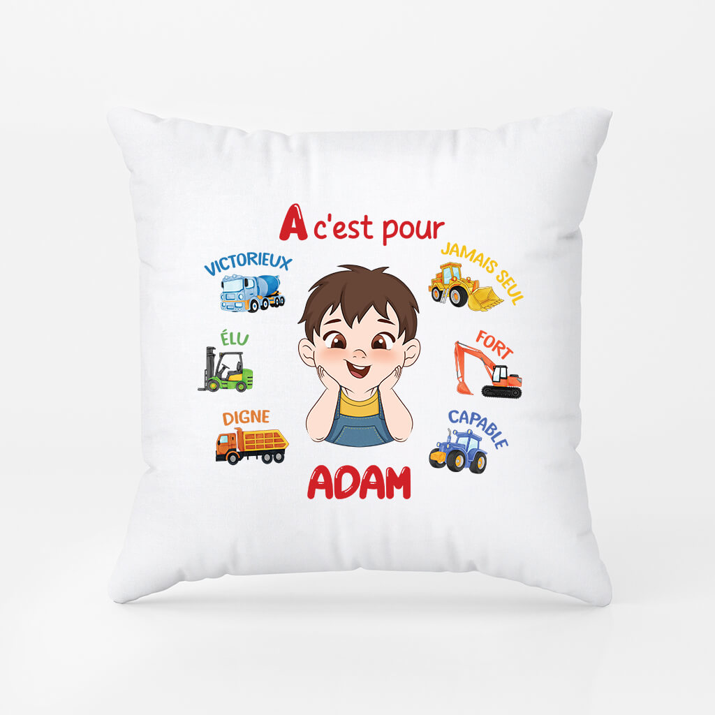 2620PFR1 coussin enfant alphabet avec vehicules personnalise