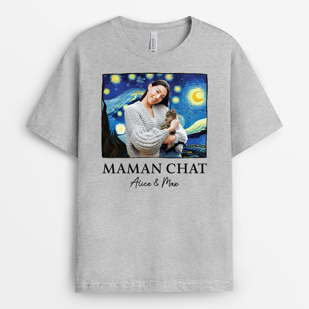 2628AFR1 t shirt maman  papa chat version van gogh personnalise