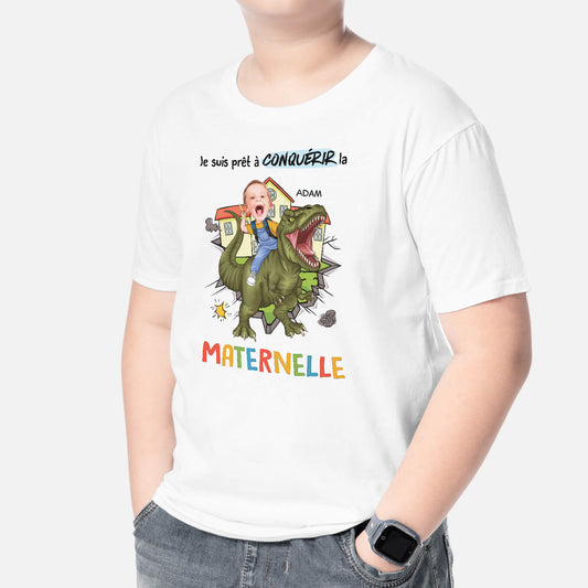 2664AFR2 je suis pret a conquerir la maternelle version enfant dinosaure  t shirt pour enfant personnalisable