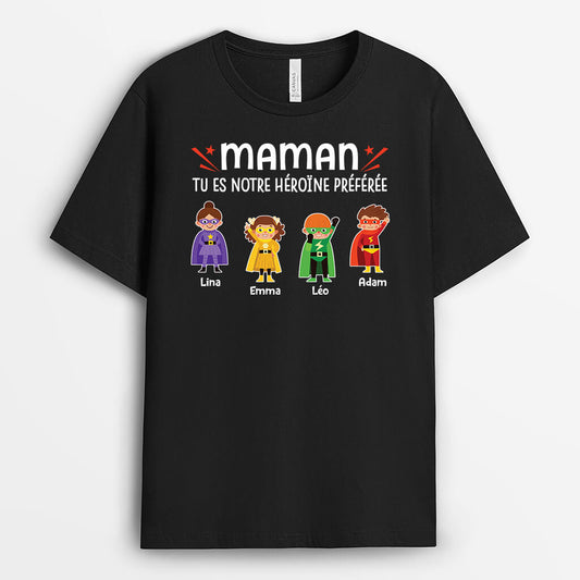 2718AFR1 tu es notre heroine preferee  t shirt famille personnalise pour maman et mamie