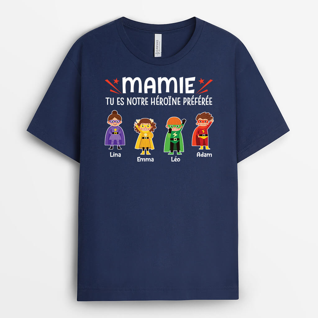 2718AFR2 tu es notre heroine preferee  t shirt famille personnalise pour maman et mamie