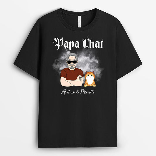 2758AFR1 papa chat tonnerre t shirt avec chat personnalise