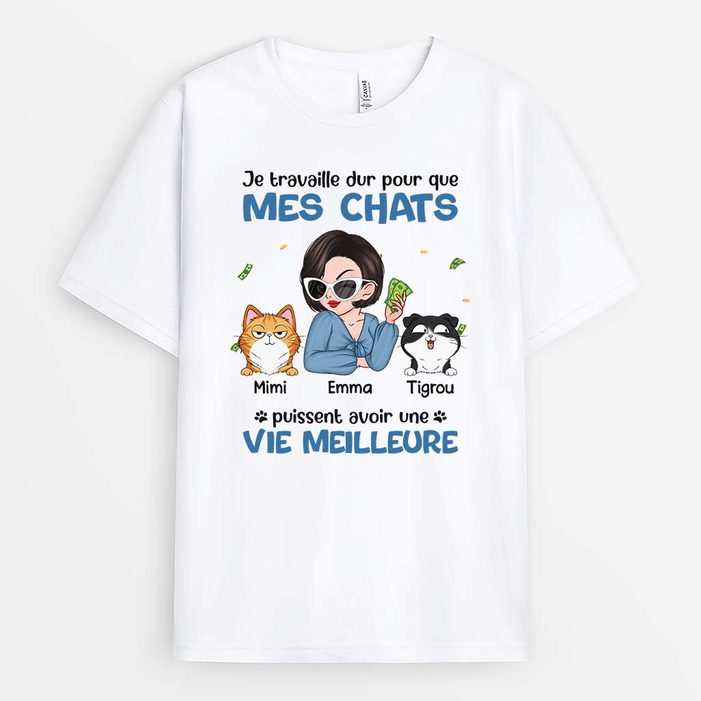 2775AFR1 je travaille dur pour mes chats tee shirt avec des chats