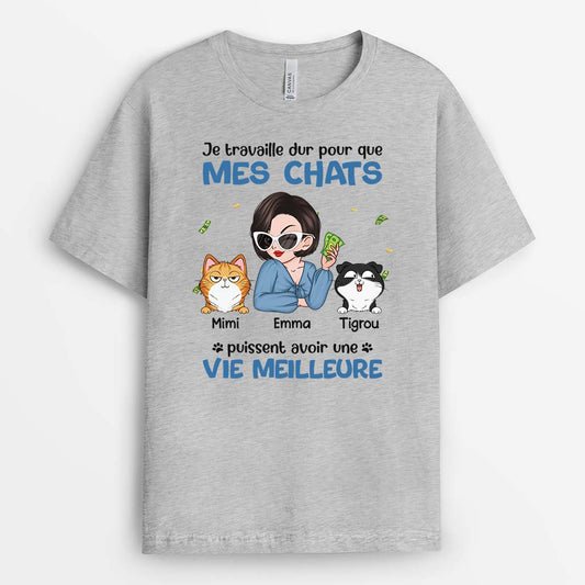 2775AFR2 je travaille dur pour mes chats tee shirt avec des chats