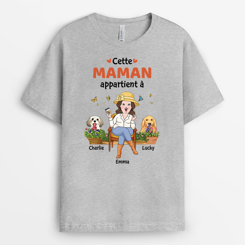 2804AFR2 cette maman chien appartient a version jardin t shirt chien personnalise