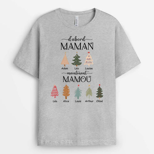 2818AFR2 dabord maman maintenant mamie version sapins colores t shirt femme personnalise pour noel