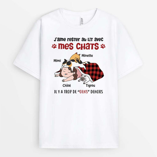 2835AFR1 jaime rester au lit avec mes chats tee shirt chat personnalise