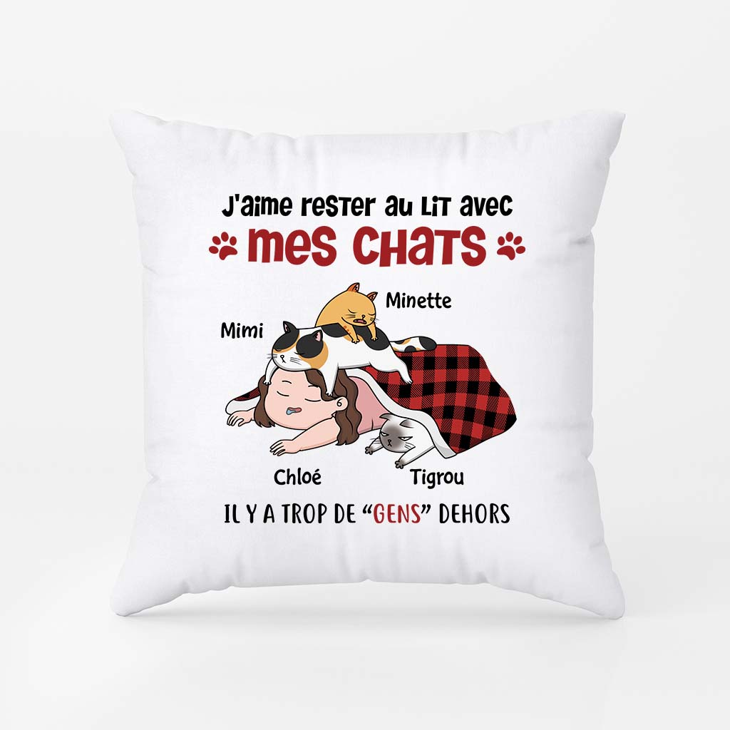 2835PFR1 jaime rester au lit avec mes chats coussin chat personnalise