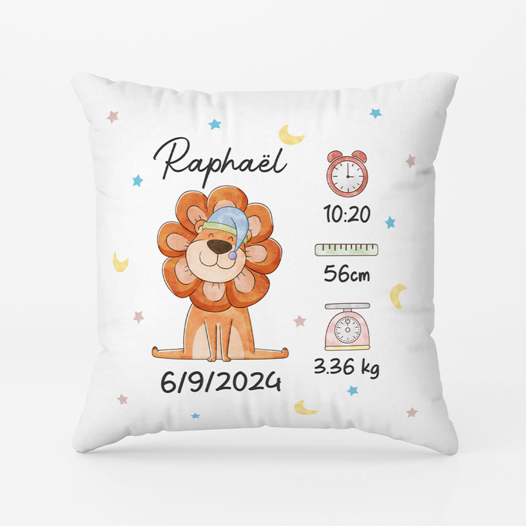 2841PFR1 bebe lion et ses informations brillantes coussin enfant personnalisable