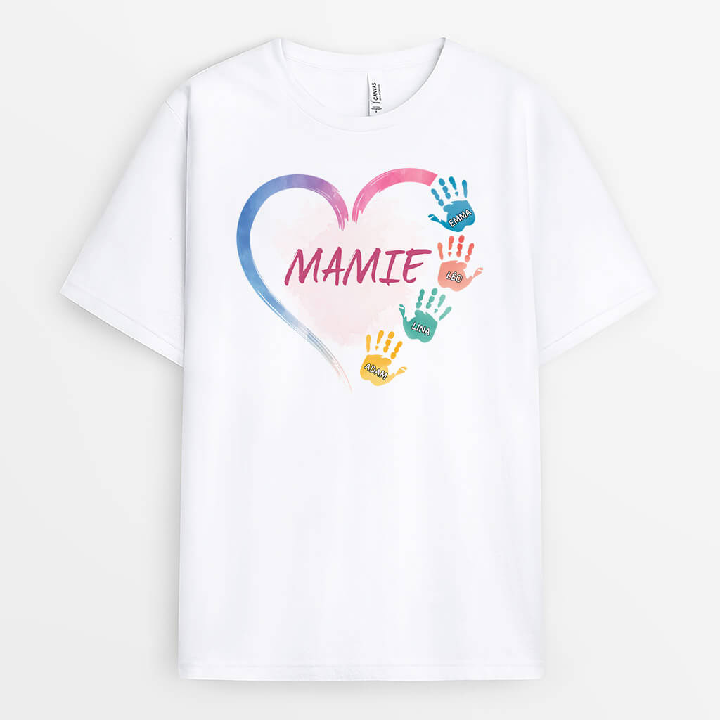 2869AFR1 mamie avec empreintes de main colorees tee shirt pour mamie personnalise